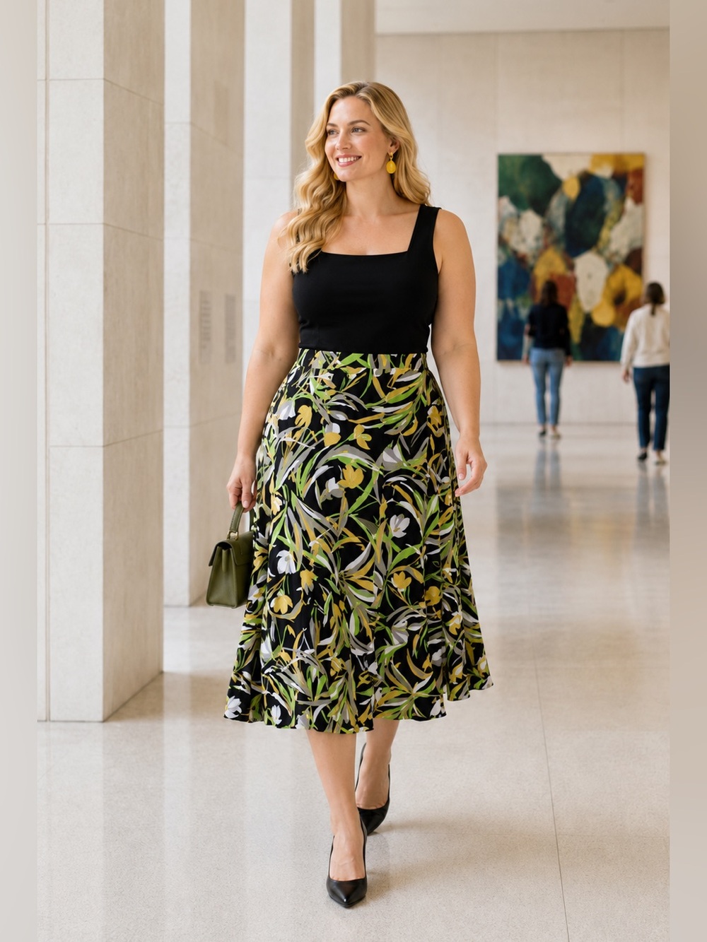 Kasper Black A-Line Midi Skirt Yellow Green Abstract Botanical Print